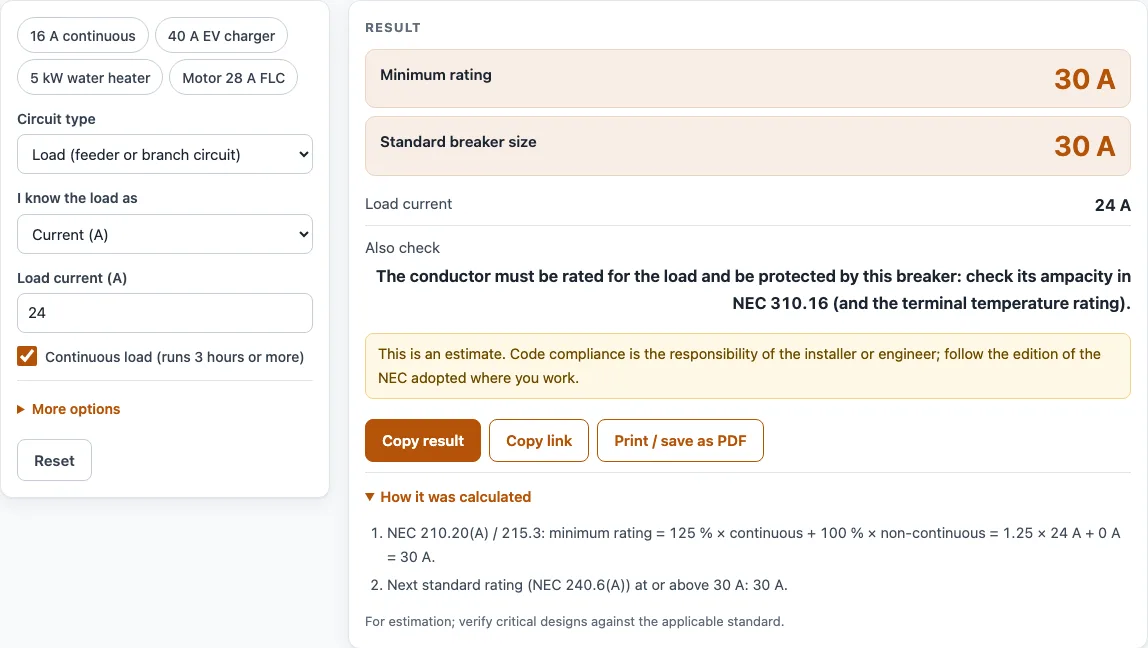Breaker sizing example