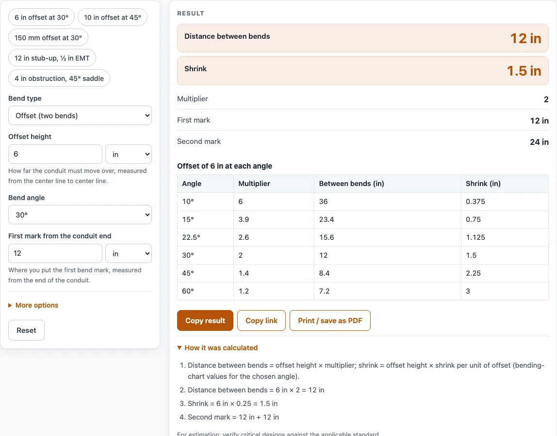 Electrical conduit bending calculator example