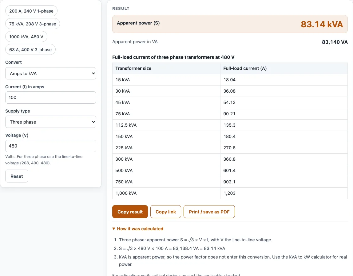 Kva calculator example