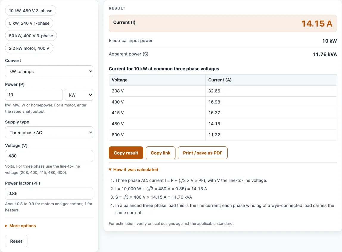 Kw to amps calculator example