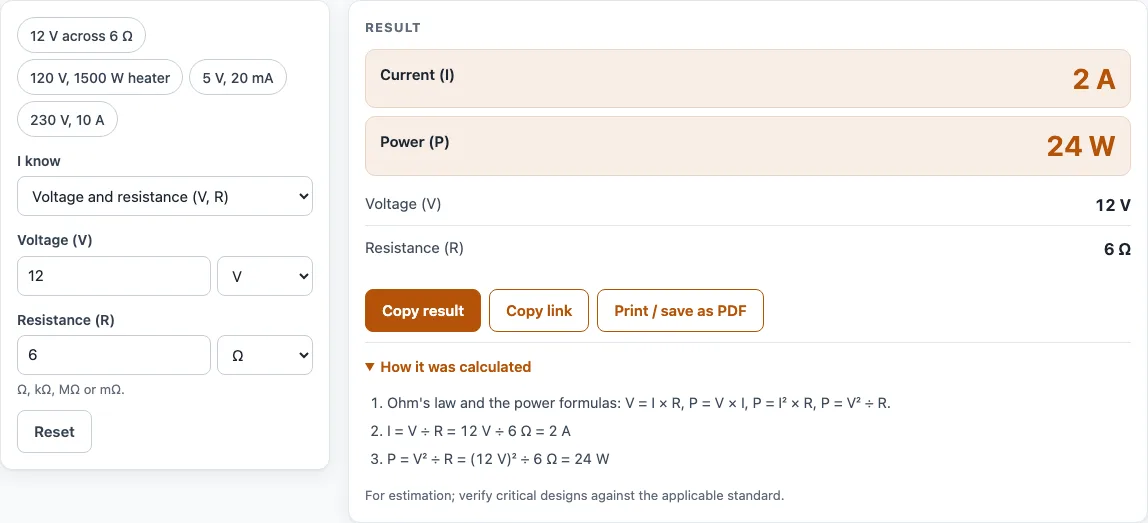 Ohms law calculator example