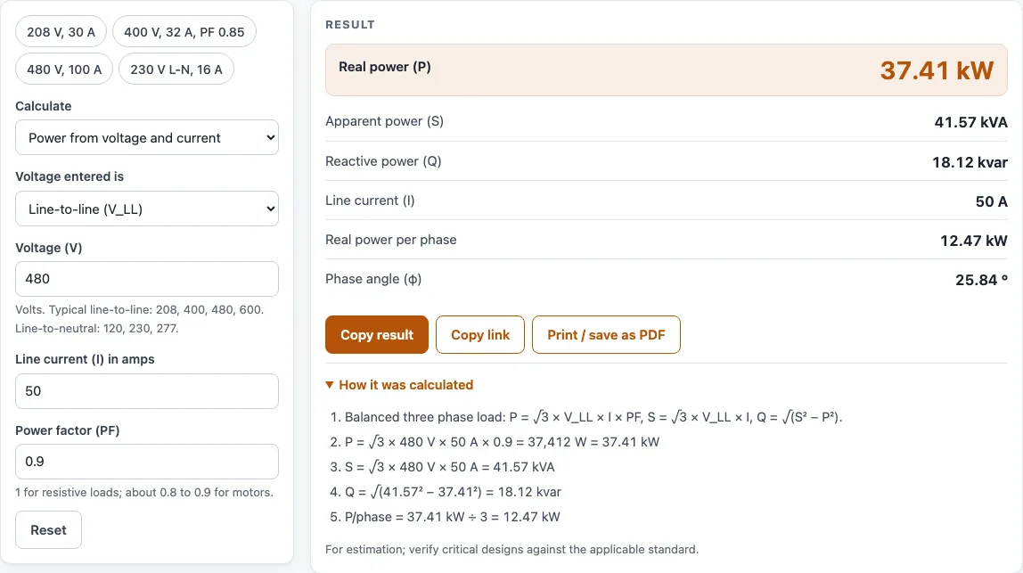 Three phase power calculator example
