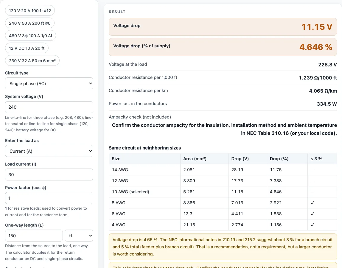 Voltage drop calculator example