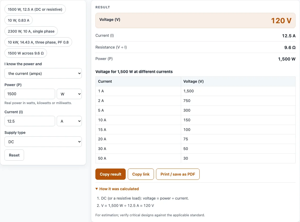 Watts to volts conversion calculator example